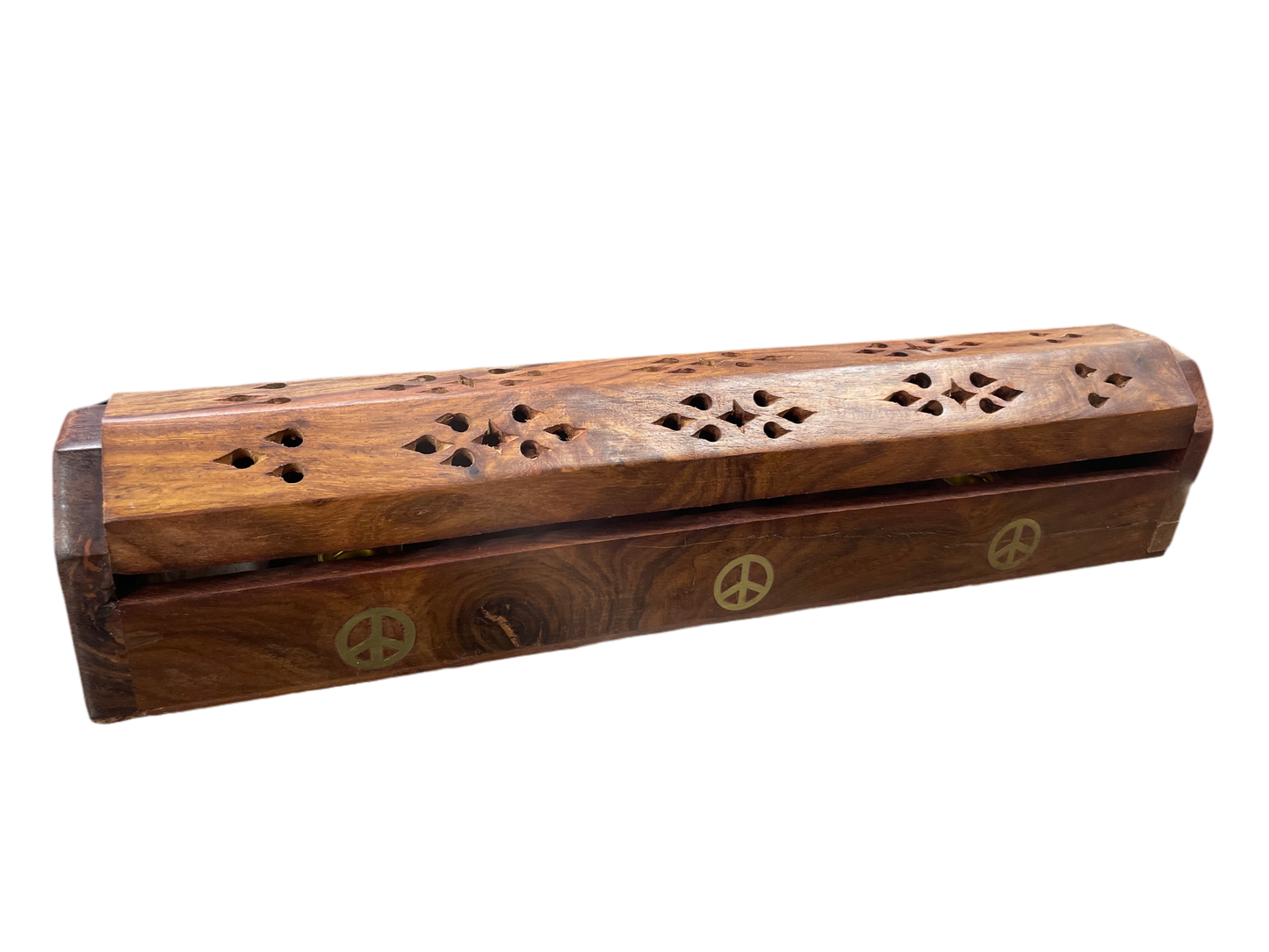 Dark Brown Coffin Incense Box w Peace Sign