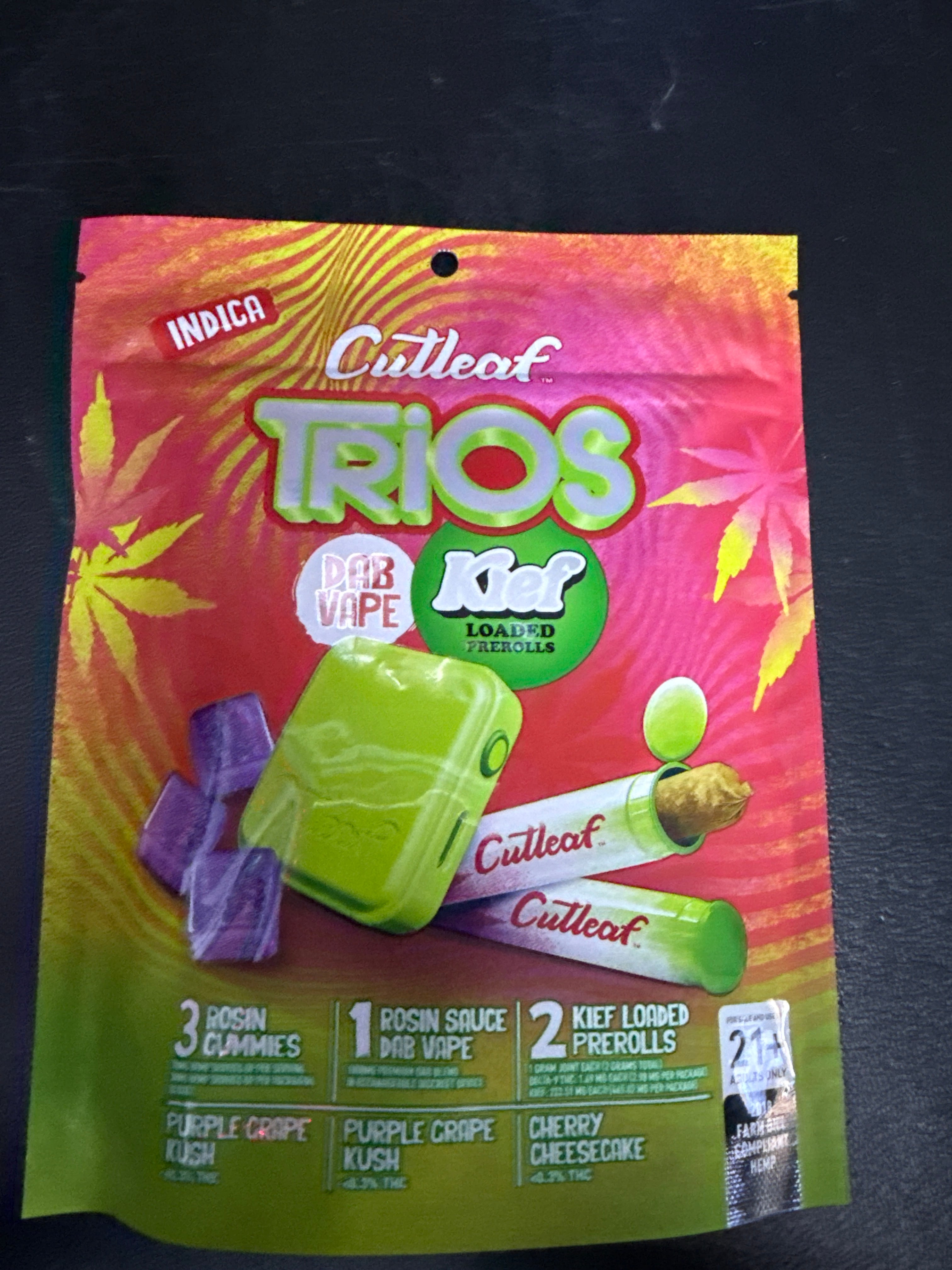 Cutleaf  Trios pack. Three Gummies one vape two pre-roll indica Grape