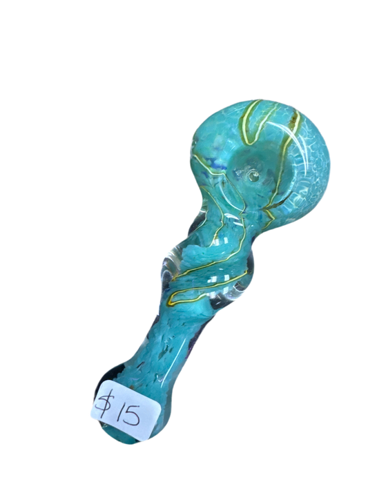 Glass Spiral Hand Pipe with Teal and Yellow Accents