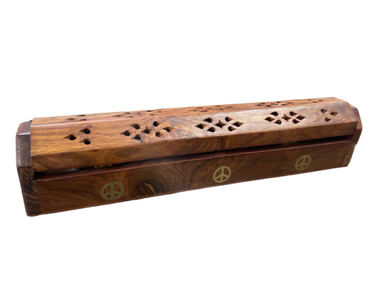Dark Brown Coffin Incense Box w Peace Sign