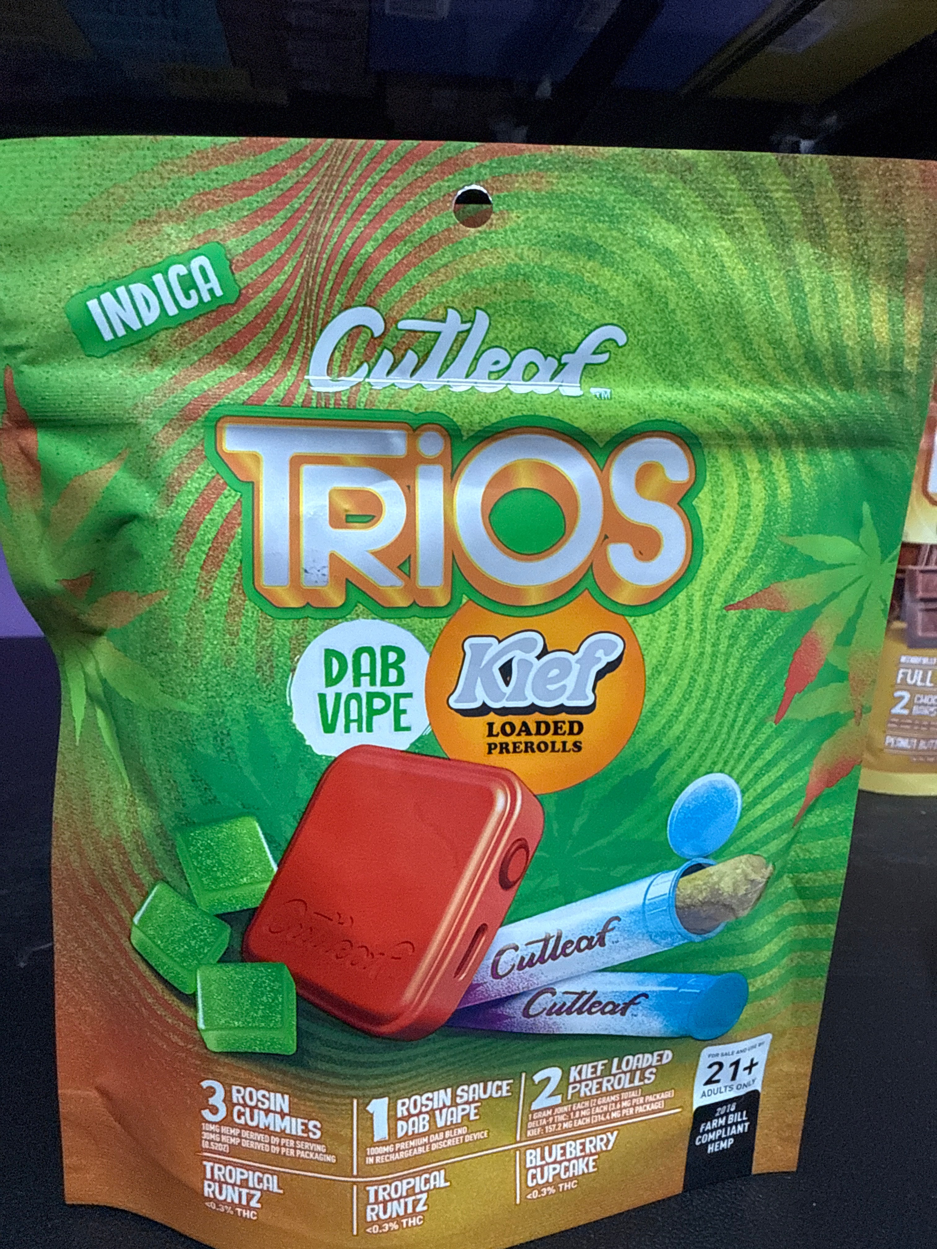 Cutleaf  Trios pack. Three Gummies one vape two pre-roll. Tropical runtz