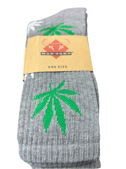 Grey Green & White Marijuana Leaf Socks - Crew