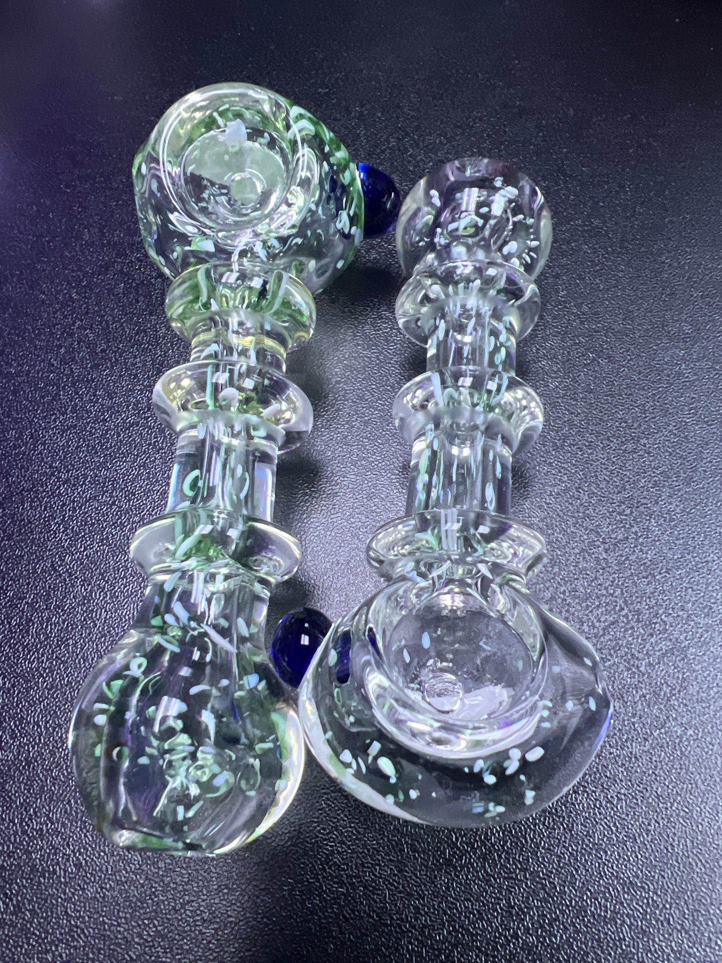 Speckled Clear Glass Pipe with Blue Bead Decal