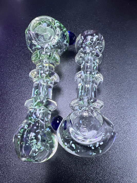 Speckled Clear Glass Pipe with Blue Bead Decal