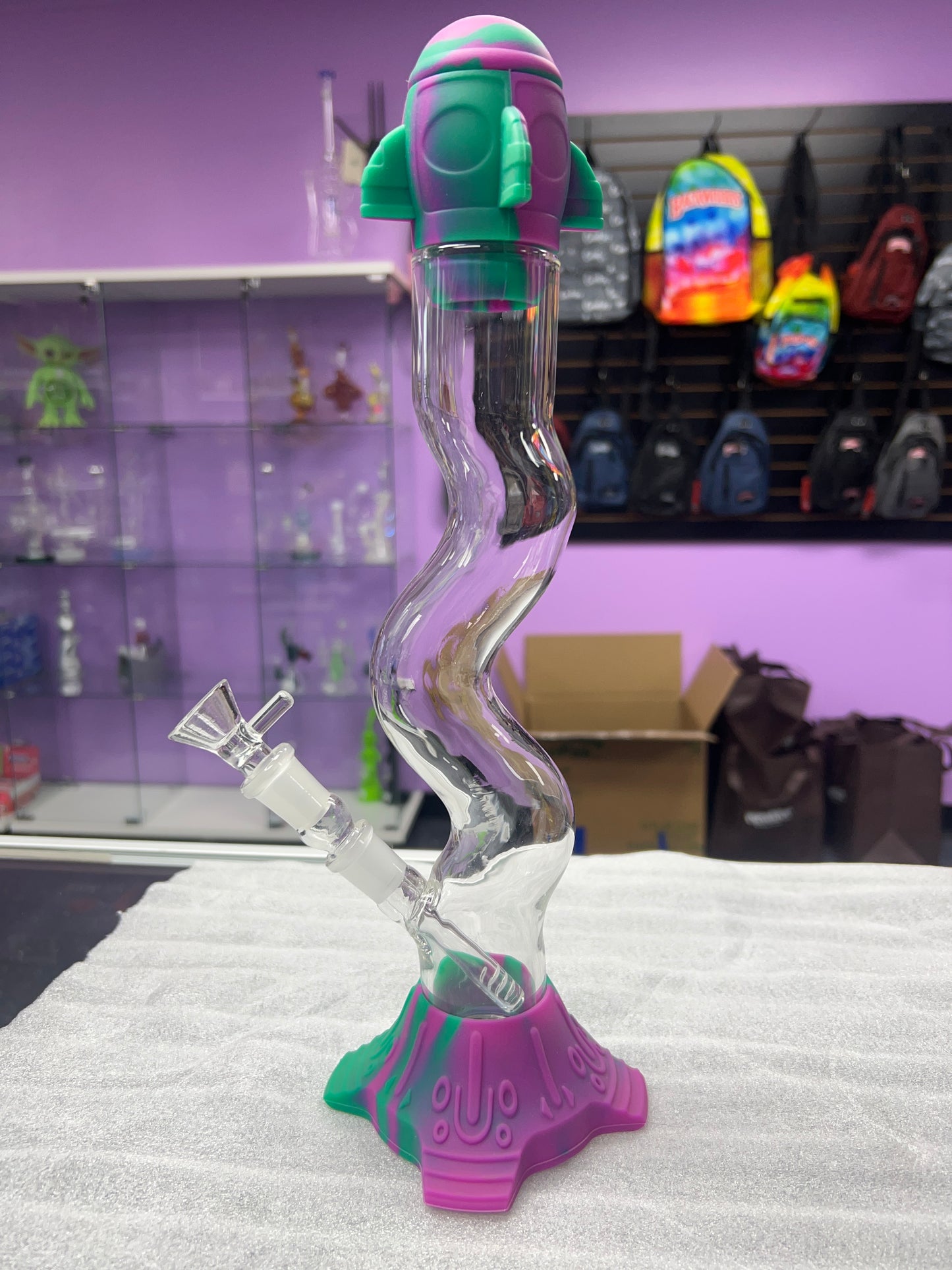 Silicone & Glass Rocket ship Water Pipe - Purple & Green