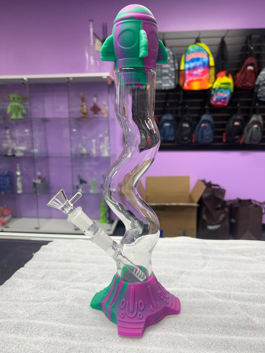 Silicone & Glass Rocket ship Water Pipe - Purple & Green